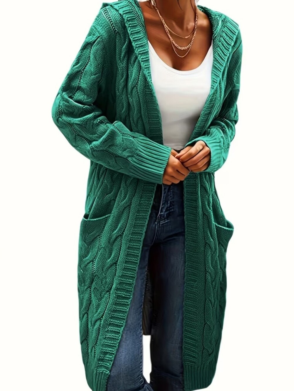Emerald Green Cozy Cable Knit Open-Front Purple Cardigan Sweater